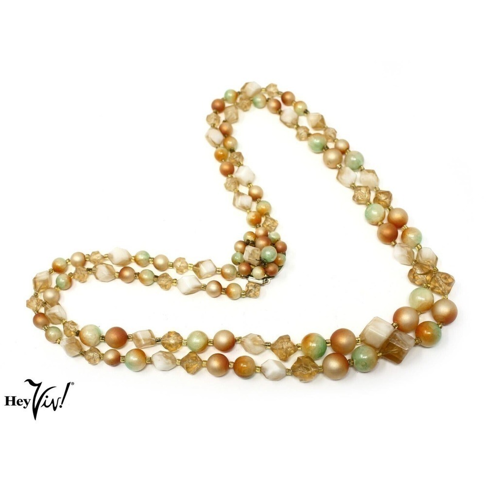 Vintage Double Strand Pearl Peach Green Bead Necklace Hong Kong 22" - Hey Viv
